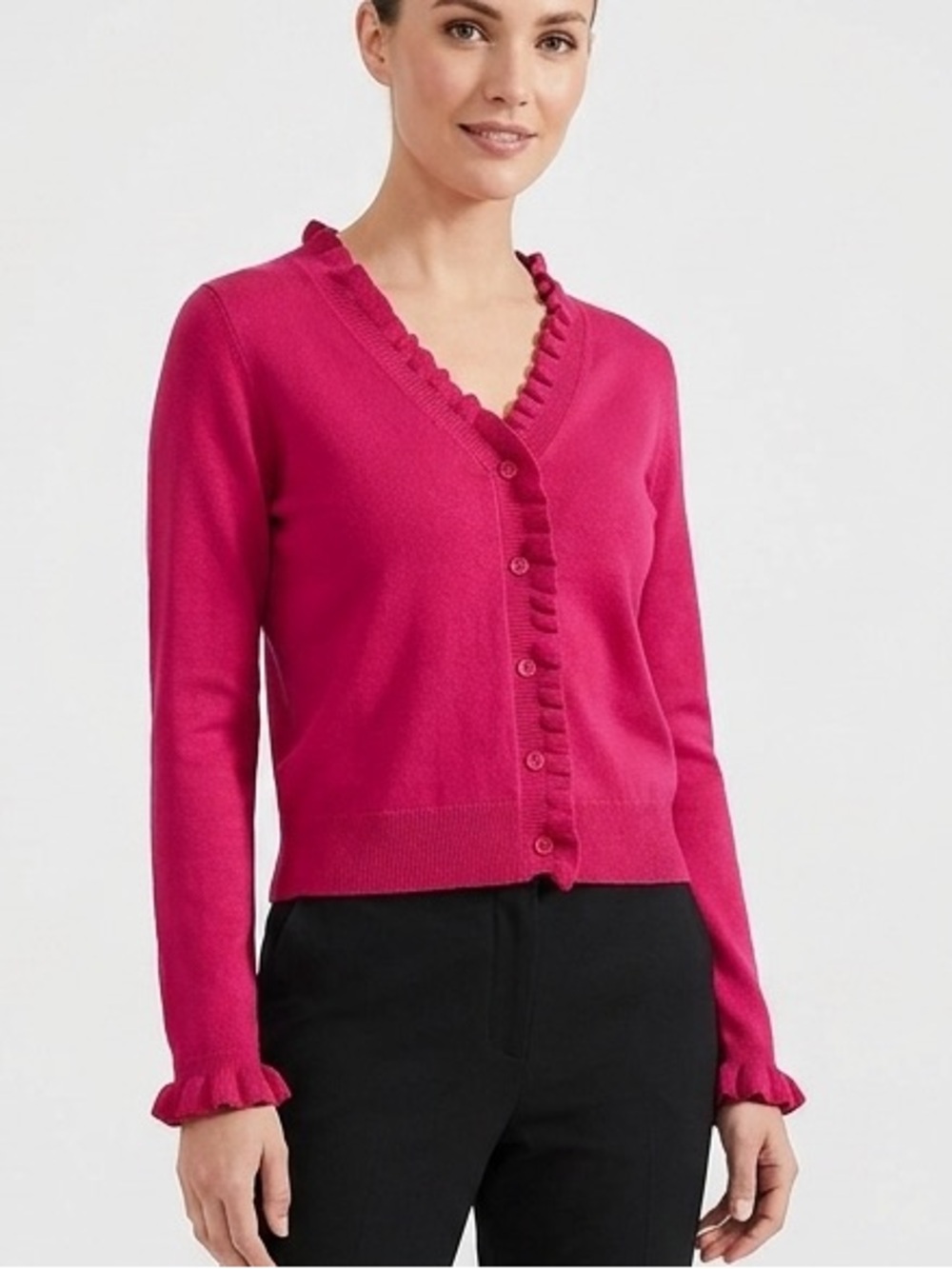 Fuchsia Ruffle-Edge Button Cardigan Sweater Sz M Sleek Romantic